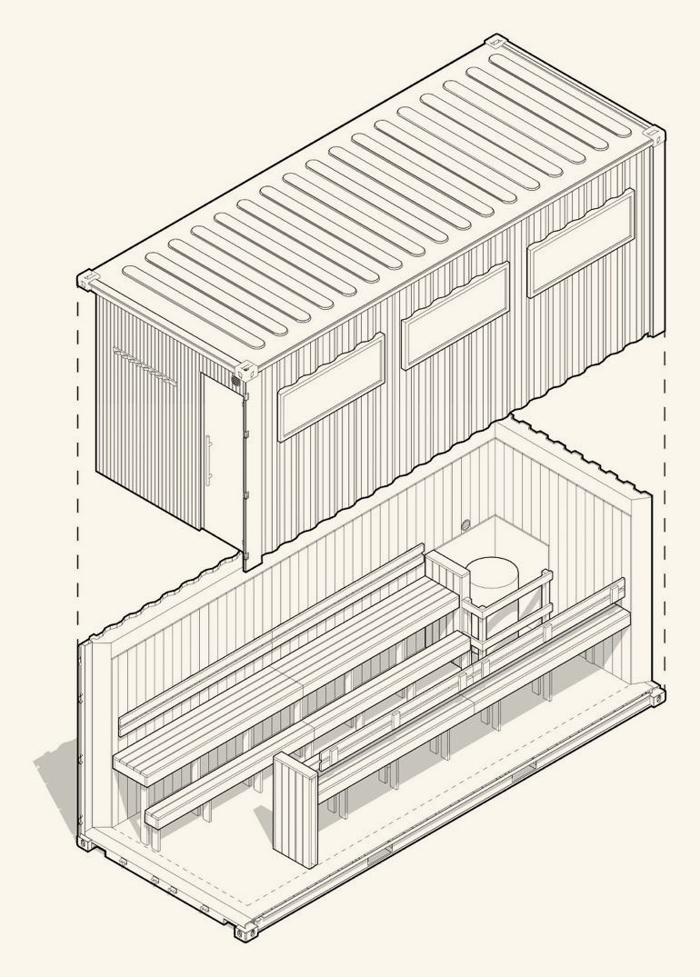Technical drawing: 20ft Container Sauna, isometric view