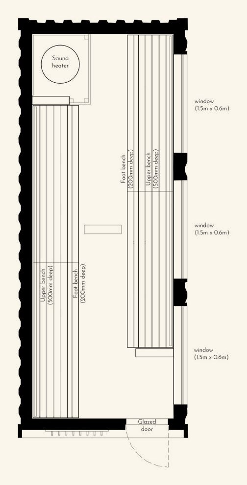 20ft container sauna floor plan, tiered bench layout