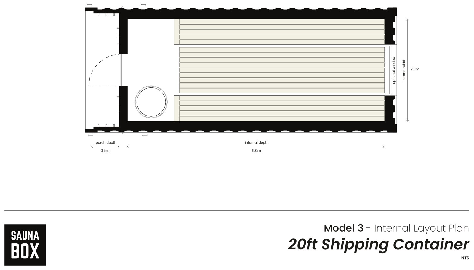 20ft container sauna floor plan, U-shape bench layout wrapping three walls