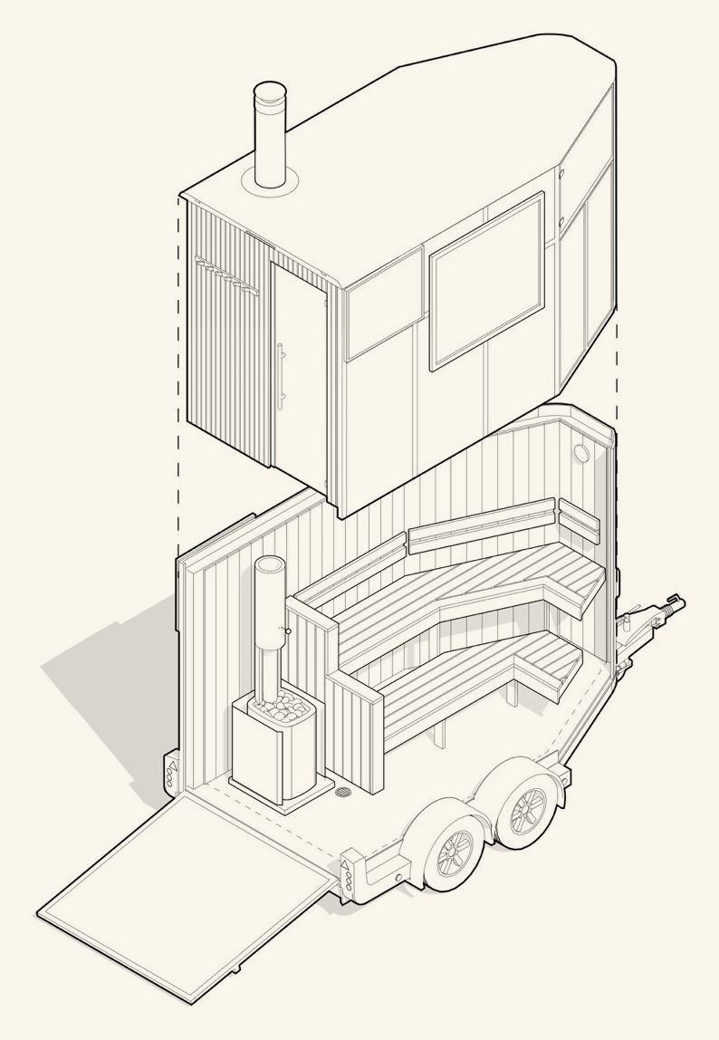 Technical drawing: Horsebox Sauna, isometric view