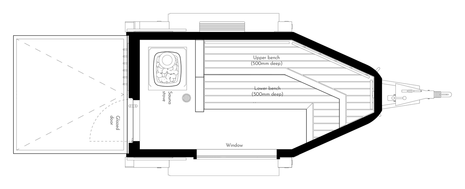 Horsebox sauna floor plan, L-shape bench layout