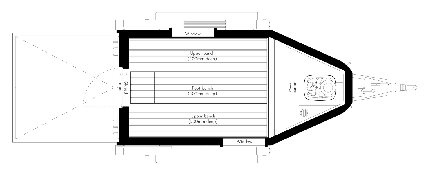Horsebox sauna floor plan, parallel II bench layout
