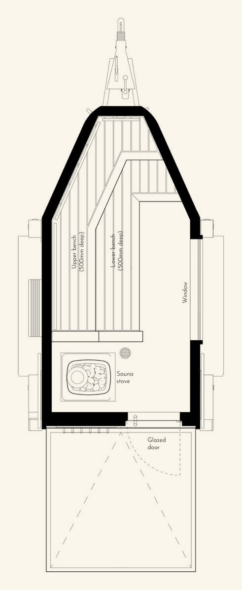 Horsebox sauna floor plan, L-shape bench layout