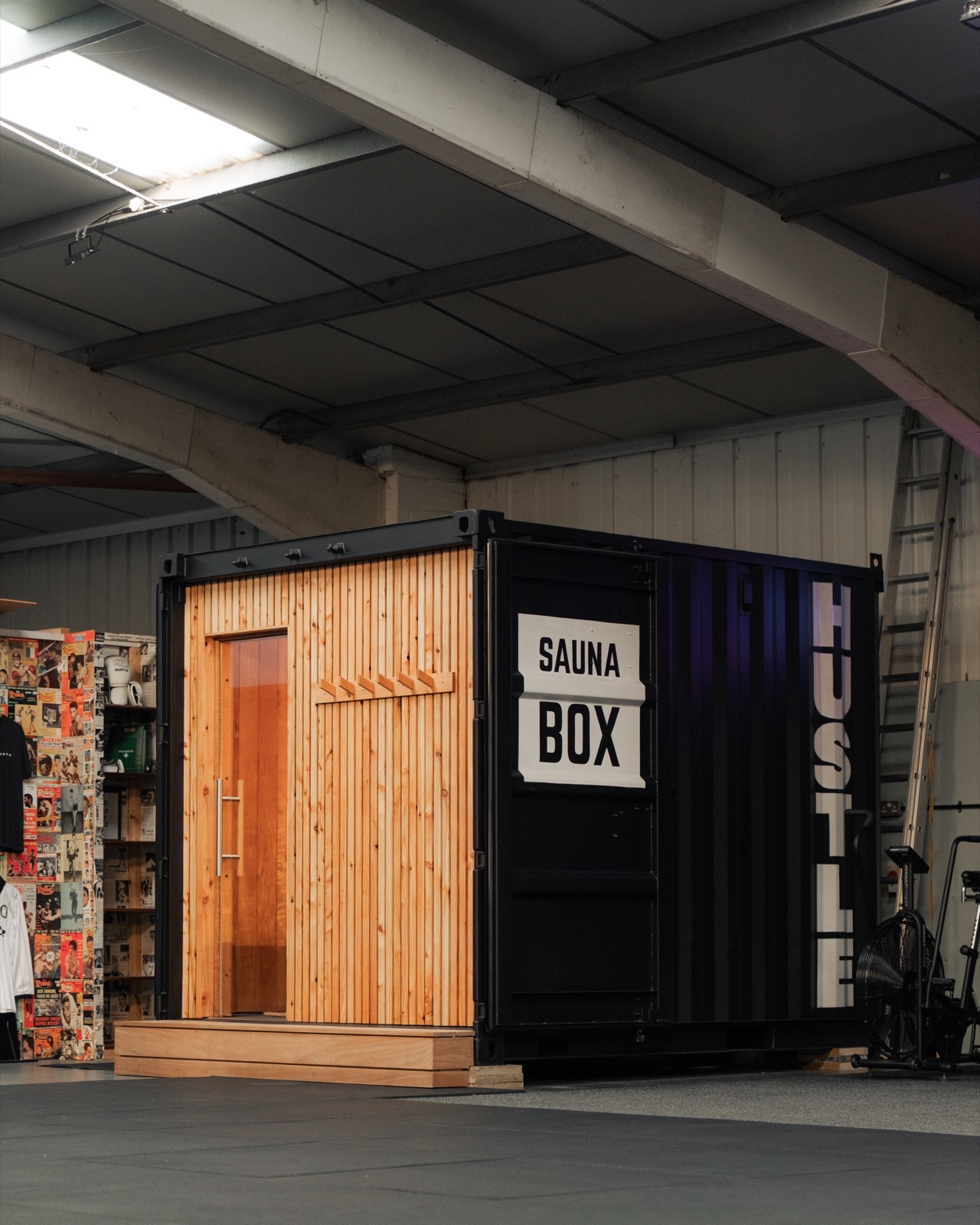 A container sauna installed at a gym