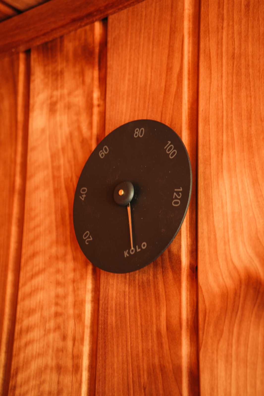 Analogue sauna thermometer mounted on the cedar wall inside a container sauna